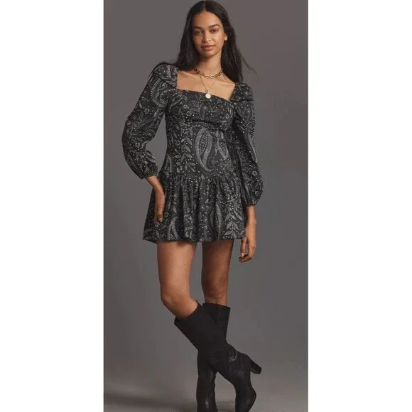 Anthropologie Maeve Long Sleeve Square Neck Drop Waist Mini Dress Black Sz Md - Picture 1 of 8